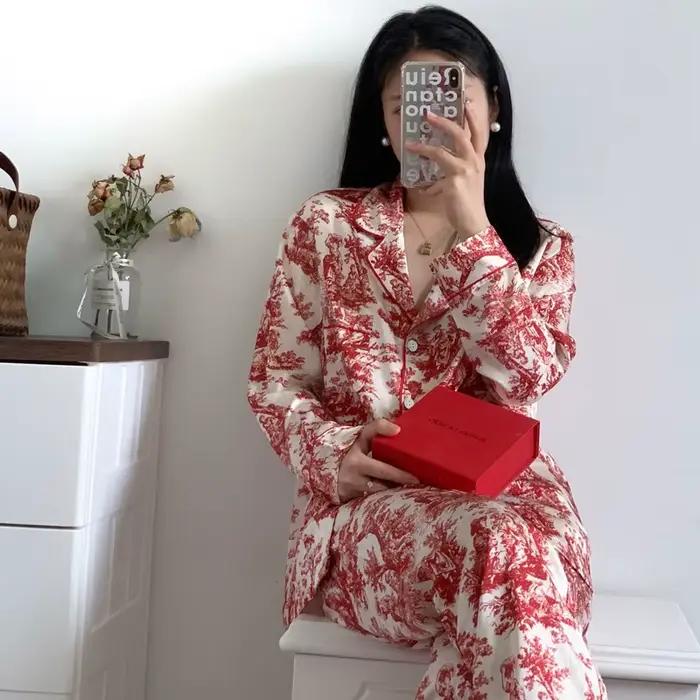 Mode imprimé fleur 2 pièces Pyjamas ensemble femmes vêtements de nuit printemps été pantalon costumes salon porter ample Satin Homewear Pijamas costume