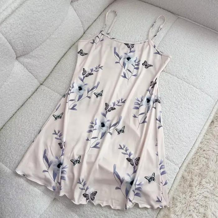 FINETOO Pyjama d'été pour femme, motif ours en peluche, sans couture, imprimé cœurs, papillons et fleurs, sans manches, à volants, tenue d'intérieur, robe de nuit mignonne