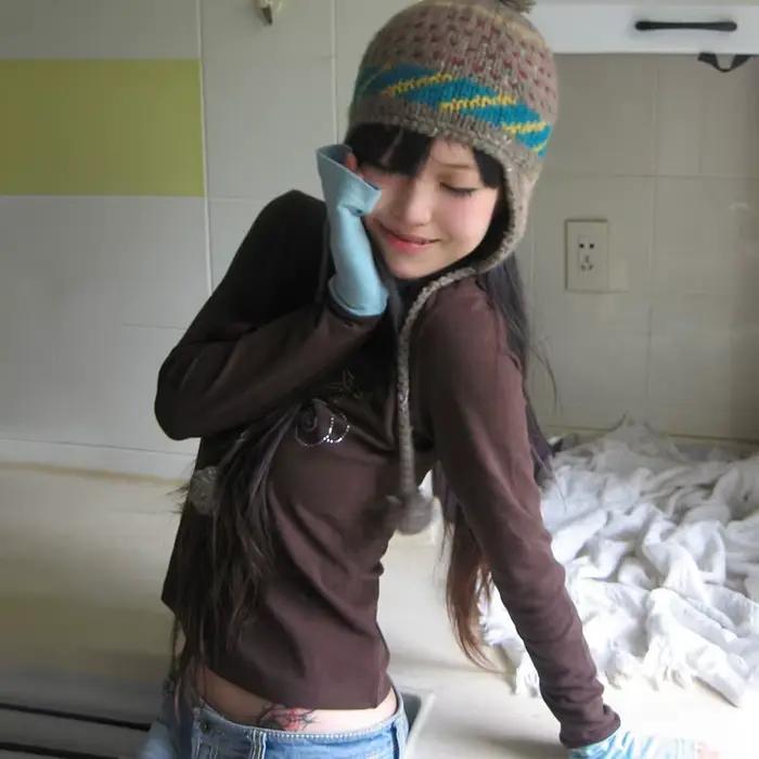 Japonské Y2k rolák Tričko Grunge estetika Patchwork topy Vintage diamantová potlač s dlhým rukávom