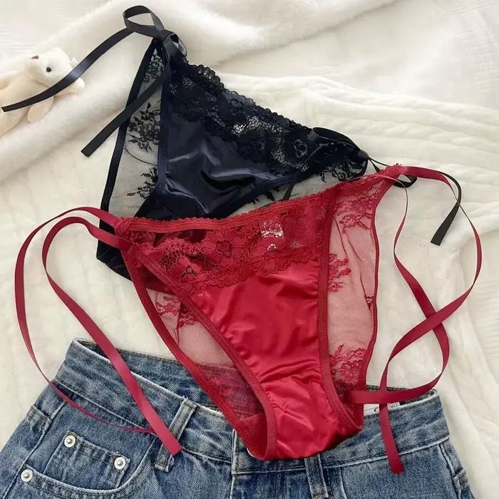 Culottes transparentes en dentelle sans couture à motif floral, taille mi-haute, avec lacets, en maille et satin de soie pour femme