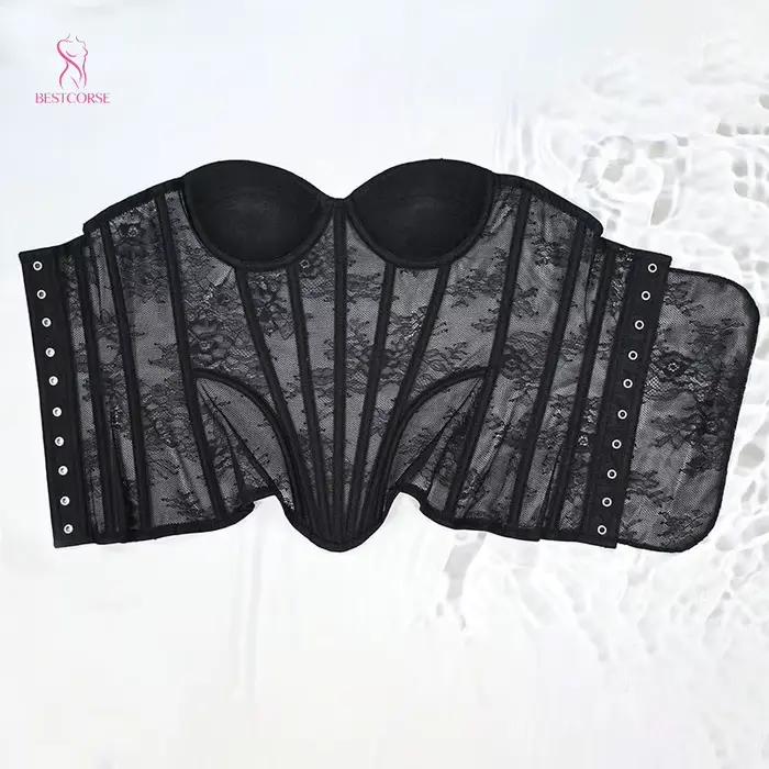 XXS corset femme luxe victorien élégant noir sexy en maille, bustier extrême moulant avec bonnets, baleines en acier, serre-taille sculptant les courbes.corse