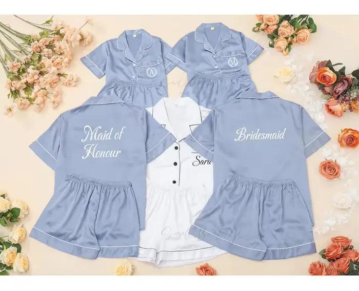 Pyjama de Demoiselle d'Honneur en Satin Bleu Poussiéreux, Assressenti, Personnalisé, ixdes Patients, AlexReady