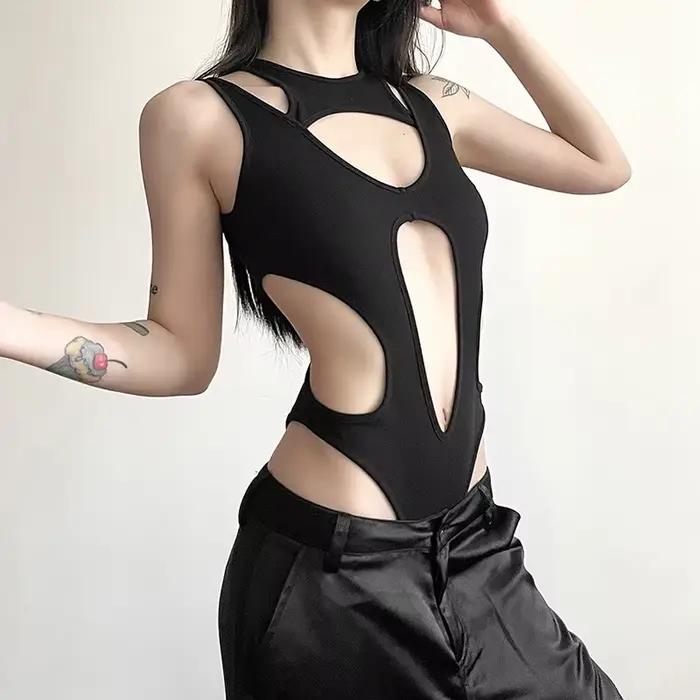 Body gothique ajouré pour femmes, Sexy, Techwear, mode Y2k, Patchwork, hauts Grunge, dos nu, coupe haute, Slim