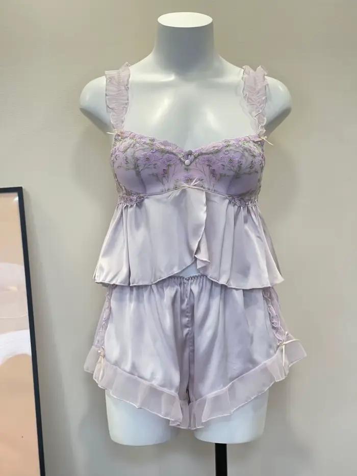 Pyjama de cour française en dentelle, haut tubulaire, écharpe, hauts de nuit avec short, coussinet de poitrine, Perspective, sous-vêtements fins et Sexy, ensemble de vêtements de maison pour femmes