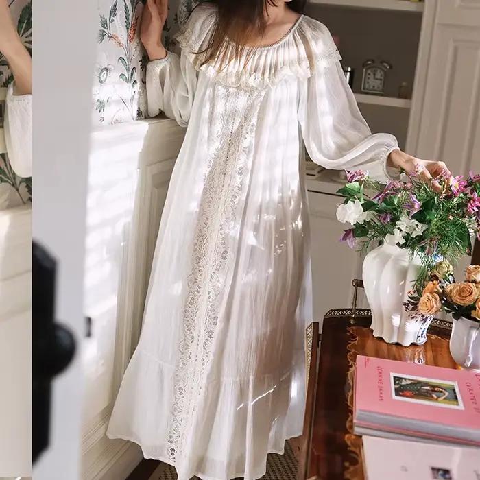 Francúzska víla voľná romantická čipka nočná košeľa pre ženy dlhá biela retro palác Vintage