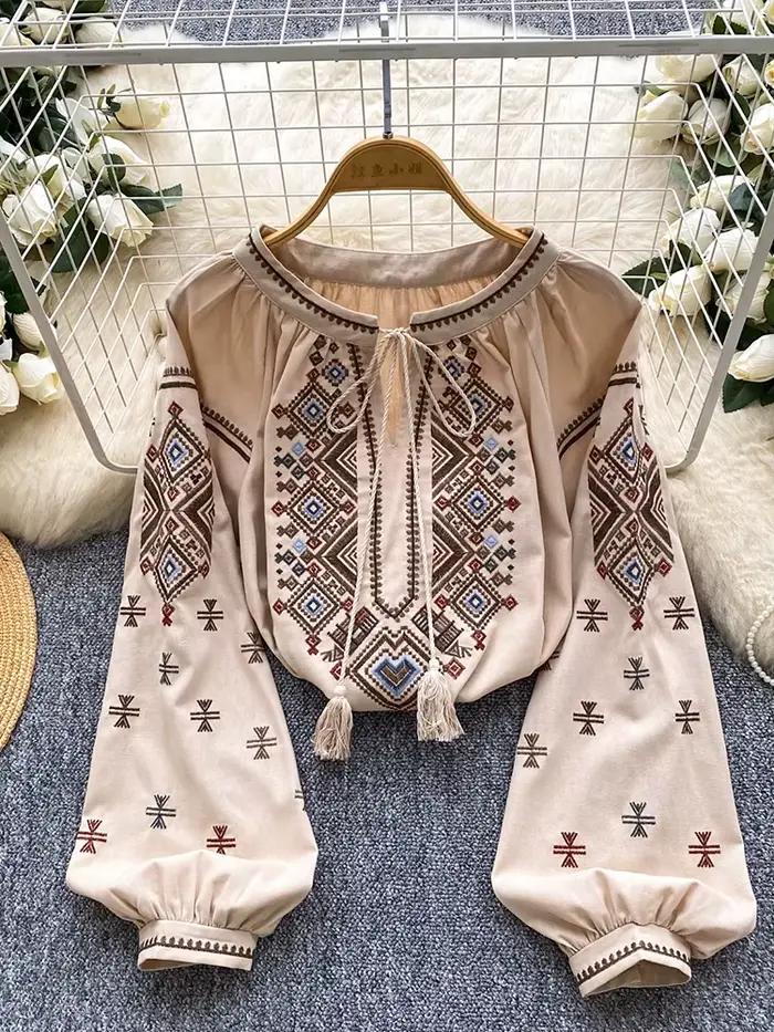 Dámska jesenná voľná blúzka umelecká retro ťažká výšivka mašľa okrúhly golier lampiónové rukávy ležérna košeľa