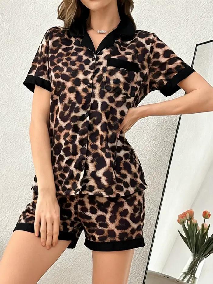 Pyjama pour femmes, ensemble de vêtements de détente imprimés floraux élégants, haut à manches courtes avec col à revers et boutons, short à taille élastique, ensemble de pyjama pour femmes