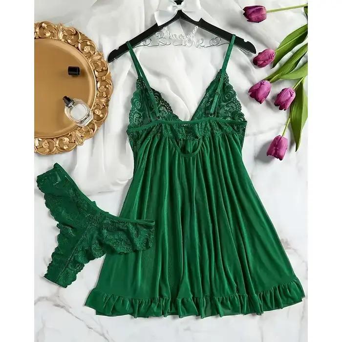 Été doux pure nuisette pyjamas chemises de nuit vert foncé licou robe femmes vêtements de nuit Sexy chemise de nuit string ensembles