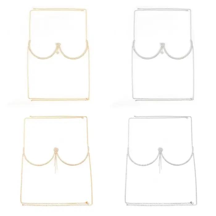 Punk coeur poitrine soutien corps chaîne gland fleur soutien-gorge poitrine chaîne bijoux strass poitrine chaîne robe coupe basse