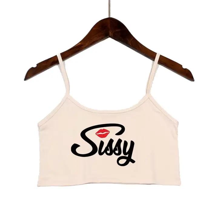 SISSY písmená červené pery potlač letné ženy krátky top Sexy elastická bavlna Camis bez rukávov