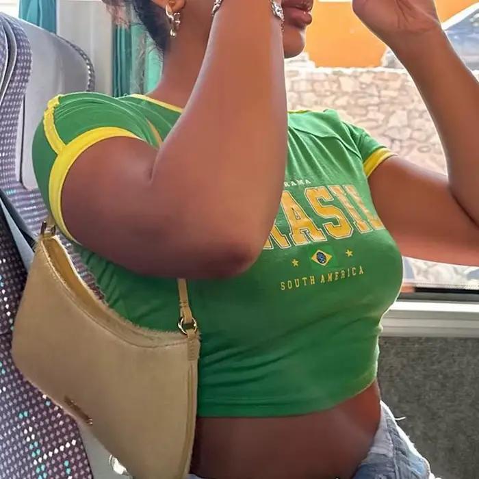 2024 Retro Ulica Estetika Baby Tričko Ženy Zelená Brazília Písmená Potlač Zberateľské Vrchné Oblečenie Voľné Tenké Krátke Rukávy