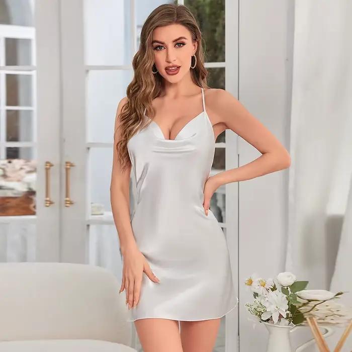 Chemise de nuit d'été en soie unie, col en v, vêtements de nuit pour femmes, bretelles croisées papillon, dos nu, Mini robe fine