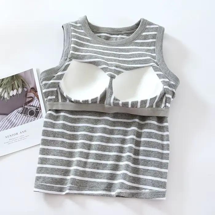Une pièce pyjamas hauts pour femmes nouvelle mode rayé sans manches vêtements de nuit pour enfants chemise mince coton coussin de poitrine sommeil T-Shirts