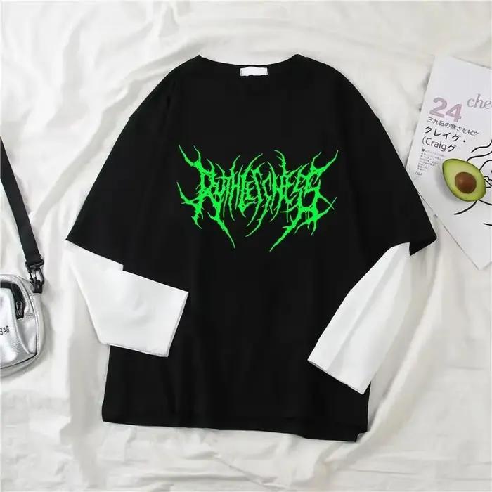 Punk štýl tmavý potlačený okrúhly výstrih Y2K športové Harajuku tričko pre ženy dlhý rukáv voľné