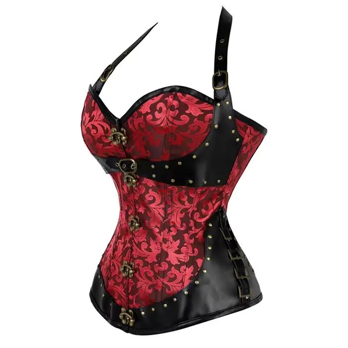 2 couleurs PU gothique licou Corselet Rivet dos pansement Corsage femmes Sexy Shaper Faux cuir érotique dentelle ferme Corsets Bustier