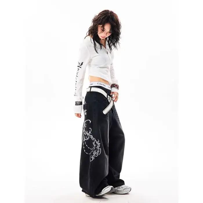 YIBASHU Dámske Vintage vyšívané Y2K Baggy džínsy s vysokým pásom 2000s široké nohavice Denim