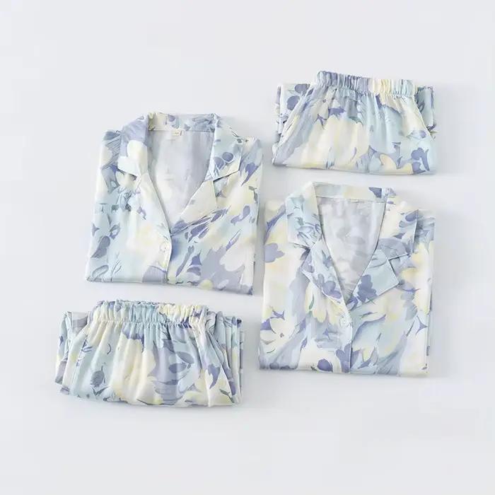 Femmes deux pièces printemps été pyjamas costumes fleur imprimé à manches longues Pijama matériel confortable Satin hauts avec pantalon pyjamas