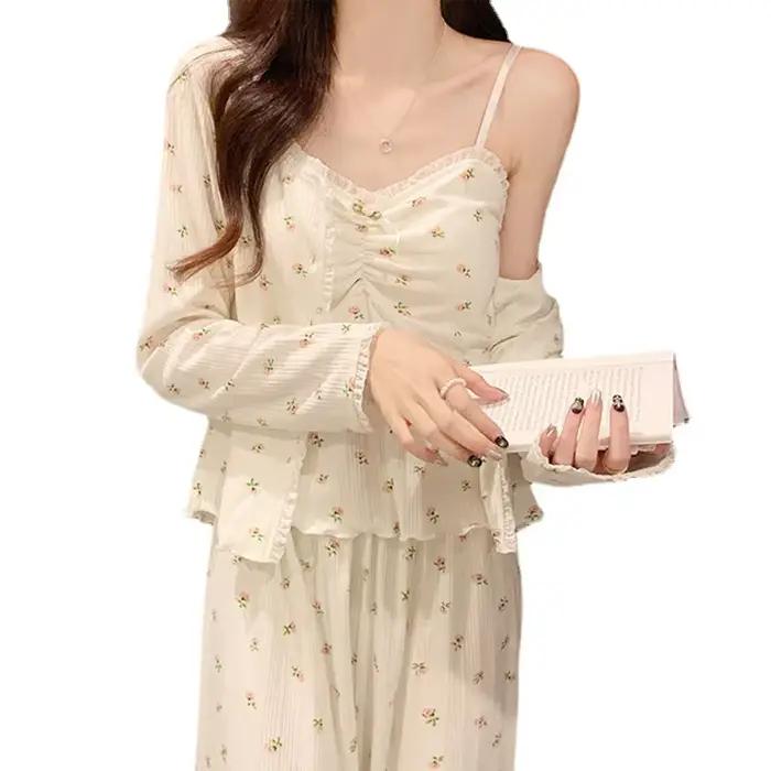 Pyjama à manches longues pour femme, ensemble trois pièces avec coussin, pantalon à bretelles, doux, vêtements de maison, printemps et automne