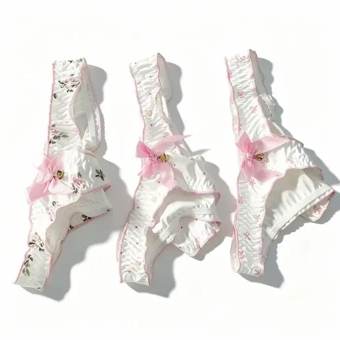Culottes pour femmes et adolescentes, style lingerie, avec nœud mignon, à volants et motifs floraux, en soie glacée, taille basse, imprimées