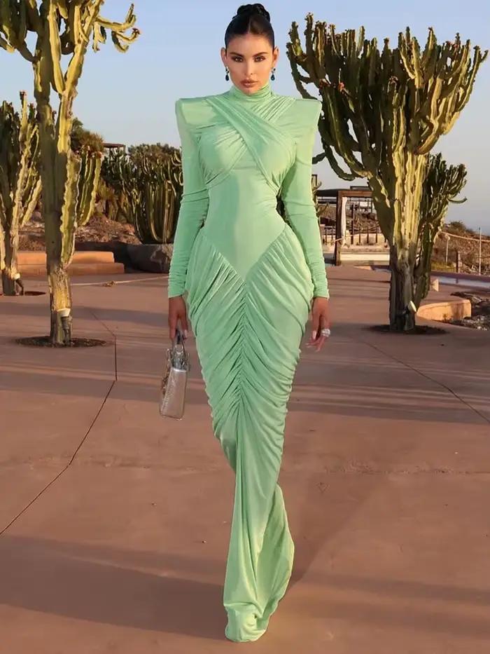 Bizarre Puss jeseň nový štýl maxi šaty pre ženy rolák dlhé rukávy odhalený chrbát štíhle Stretch plesová párty nariasené elegantné