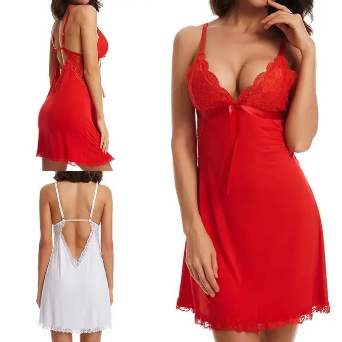 Robe de nuit en dentelle à col en V pour femmes, pyjamas, vêtements de nuit, évider, lingerie amusante, vêtements pour la maison, sexy