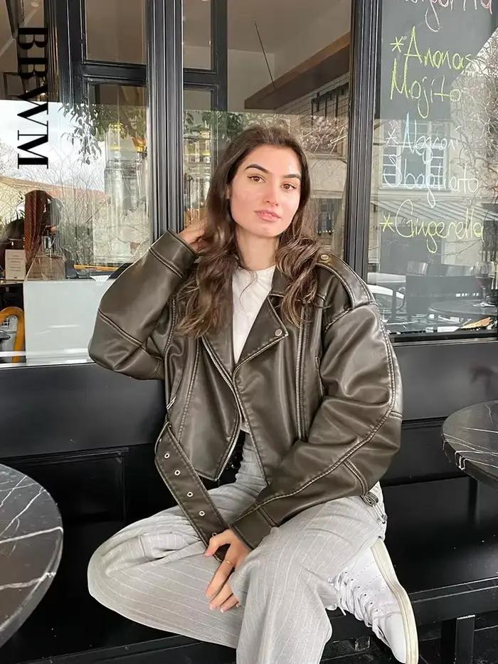 BBWM dámska nadrozmerná vintage voľná PU kožená bunda s opaskom Streetwear retro zips
