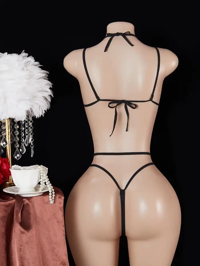 Lingerie Sexy sans entrejambe pour femmes, exotique, dentelle creuse, robe de poupée, soutien-gorge ouvert en V profond, transparent, nœud papillon, body sans couture