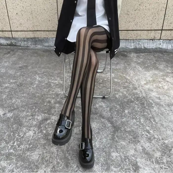 Ultra jemné nylonové pančuchy pre ženy, sexy, čierne, pásikavé, letné