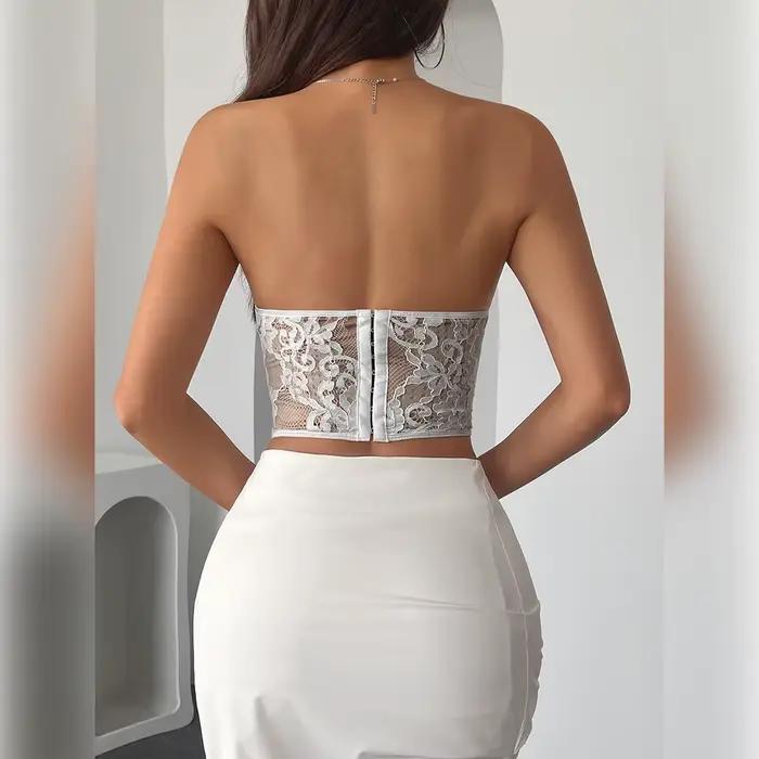 Sexy korzet bez ramienok z čipky a sieťoviny