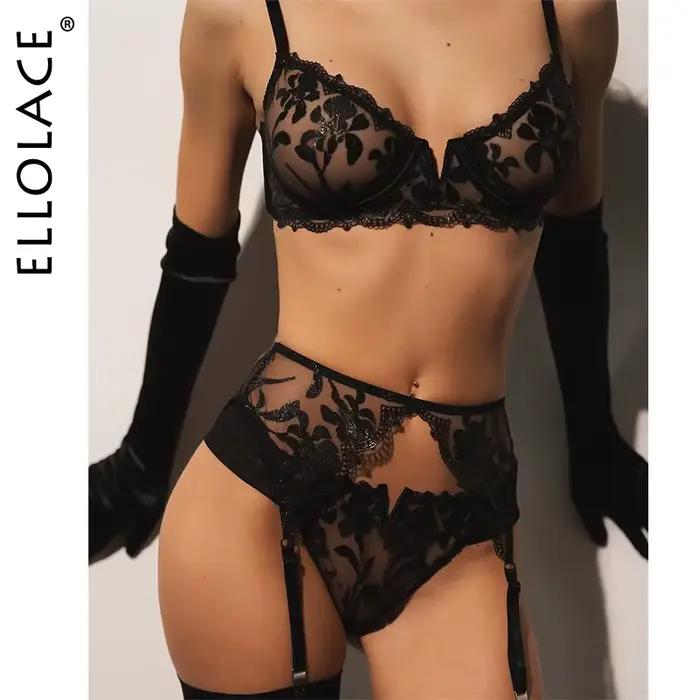 Ellolace Zvodná bielizeň Sexy prémiová horúca 3-dielna súprava s rukavicami a pančuchami glamour priesvitná sada intímnej výšivky