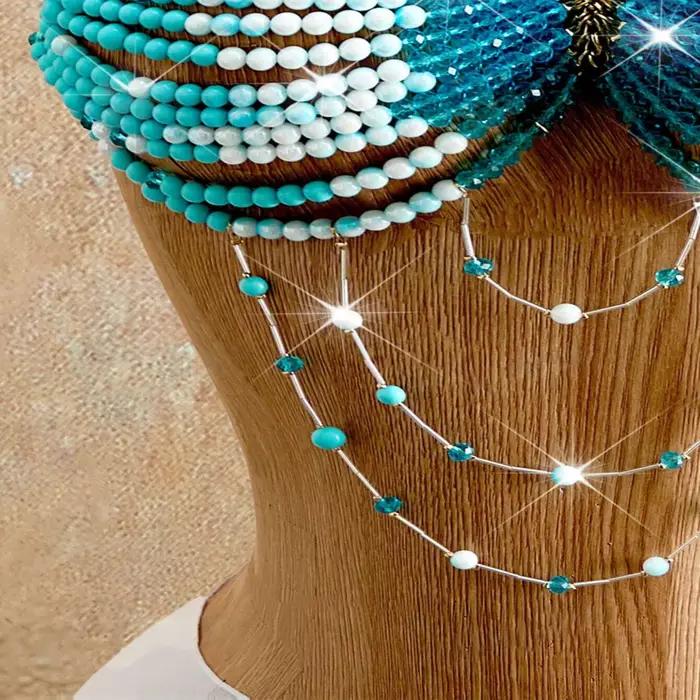 Chaîne de corps perlée multicolore bleu ciel et blanc pour femme, style soutien-gorge, pour plage, été, bikini, crop top, tenue de soirée sexy