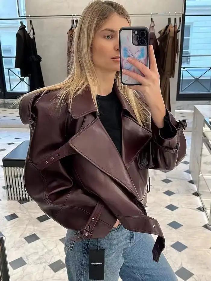 BBWM Umelá koža Bomber bunda pre ženy módna skrátená dámska streetwear vonkajšia