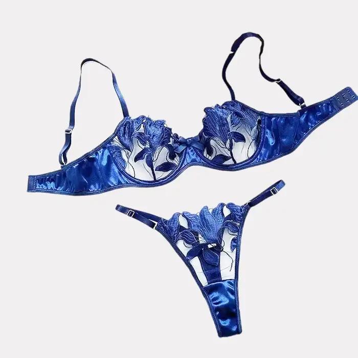 Ensemble soutien-gorge et culotte en polyester et élasthanne avec broderie pour femmes, taille push-up, bretelles ajustables, fermeture dos, occasions spéciales