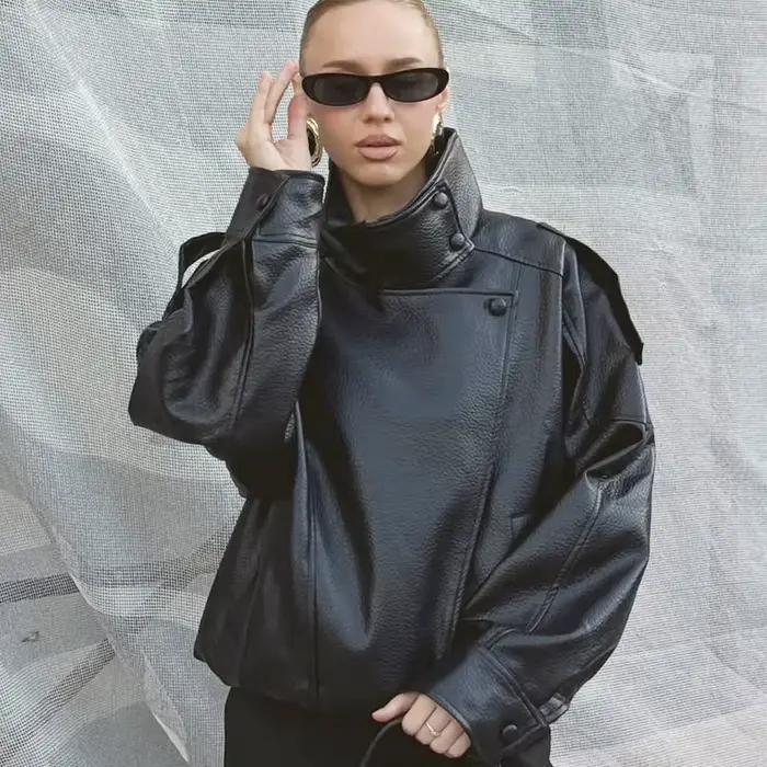 Dámska čierna PU kožená bunda s dlhým rukávom