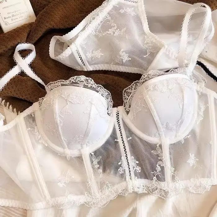 Soutien-gorge long en dentelle brodée demi-coupe style français rétro, ensemble lingerie sexy gainant galbant 32-38