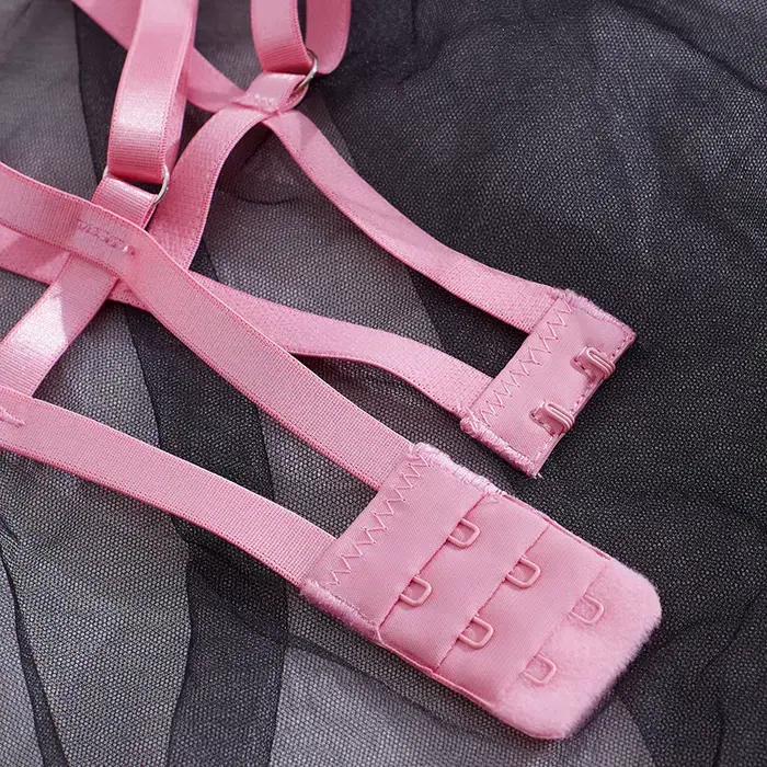 Ensemble de soutien-gorge en dentelle transparente brodée ultra-mince Ensemble de soutien-gorge à bretelles roses Design dos nu froncé confortable et respirant pour les jeunes...