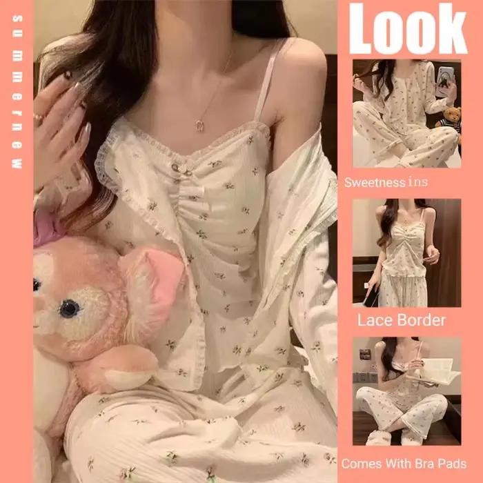 Pyjama à manches longues pour femme, ensemble trois pièces avec coussin, pantalon à bretelles, doux, vêtements de maison, printemps et automne