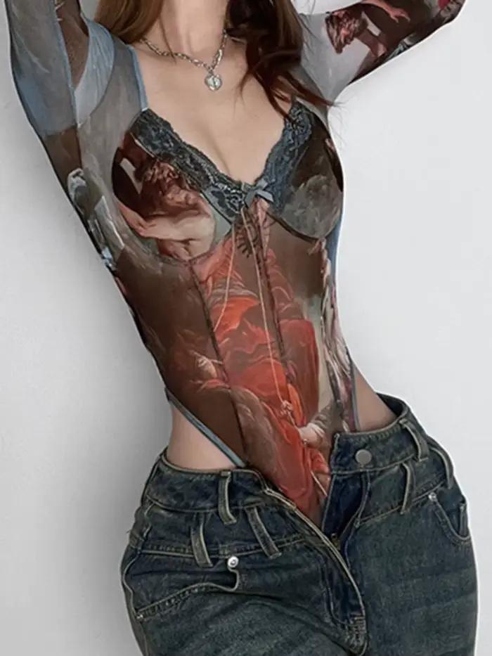 Body Sexy imprimé Vintage, Lingerie transparente en gaze, Lenceria Tranparente, manches longues, col carré, haut Bustier