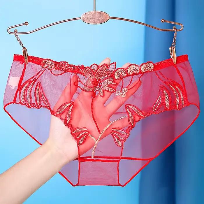 Sexy dentelle culottes slips maille creuse fleur broderie taille basse Transparent femme Lingerie Ultra-mince femmes sous-vêtements sans couture