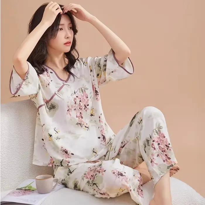 Mode imprimé femmes pyjamas ensemble décontracté coton rayonne vêtements de nuit printemps automne maison vêtements Style rétro vêtements de nuit Pijama Mujer