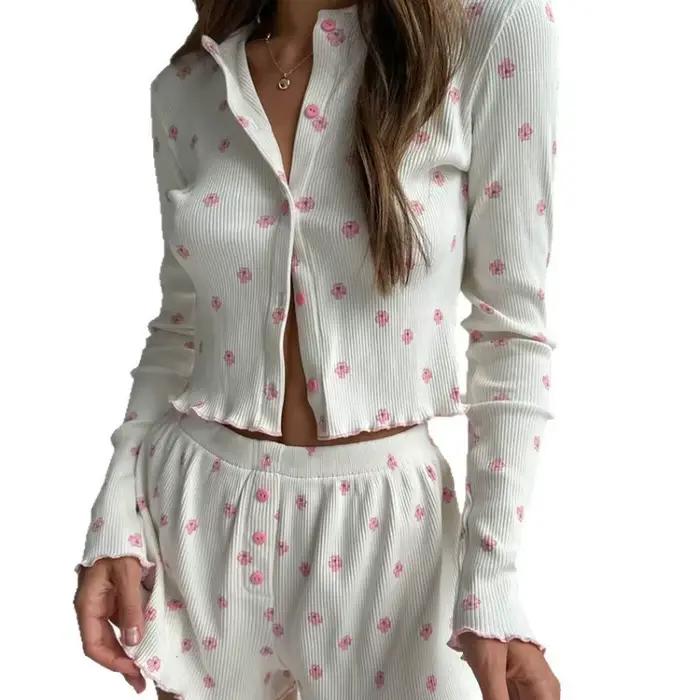 Ensemble pyjama côtelé en tricot pour femme, imprimé floral, haut à manches longues et short, vêtements décontractés pour la maison, vêtements de nuit
