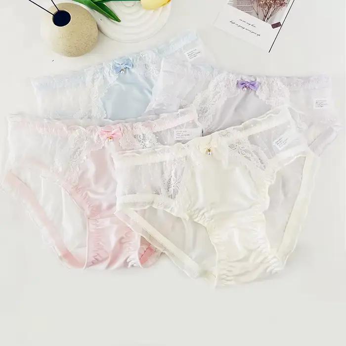 Culottes en dentelle taille basse pour femmes, en maille transparente avec nœud et perles, lingerie sexy, mignonne et douce, sous-vêtements fins, très extensibles et respirants, style Lolita