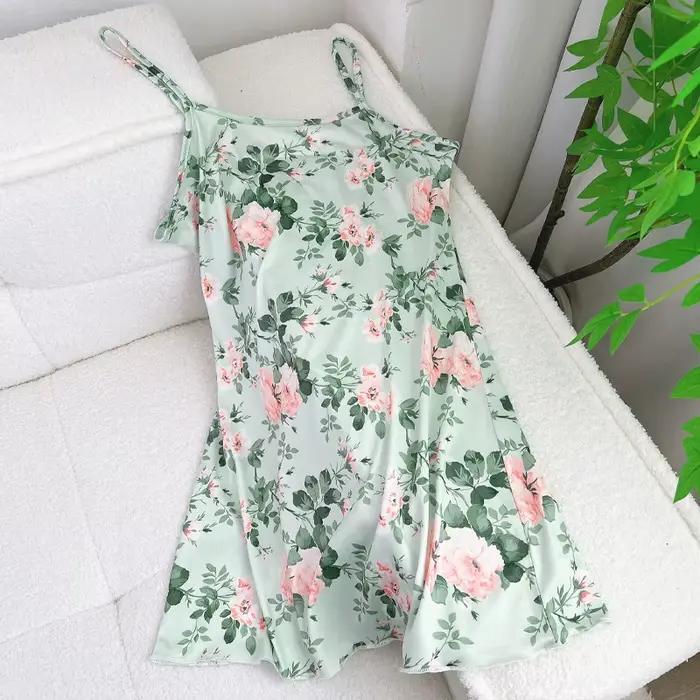 FINETOO Pyjama d'été pour femme, motif ours en peluche, sans couture, imprimé cœurs, papillons et fleurs, sans manches, à volants, tenue d'intérieur, robe de nuit mignonne
