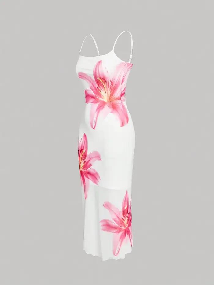 Robe florale élégante pour femmes junior, silhouette gaine, décolleté carré, motifs floraux, polyester tricoté, sans manches, ajustement mince, longueur mi-mollet, occasions estivales et spéciales
