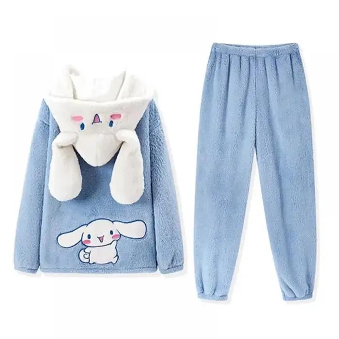 Pyjama en peluche Kawaii Cinnamoroll pour femme, vêtements de maison à capuche, vêtements de dessin animé épaissis, vêtements d'intérieur pour filles, vêtements d'hiver imbibés, 2 pièces
