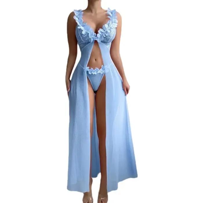 Ensemble de Nuisette Sexy en Dentelle pour Femme, Style Robe Longue, avec Bretelles à Armatures, Motif Floral Transparent, Design Séduisant, Ensemble Audacieux à Bretelles Croisées