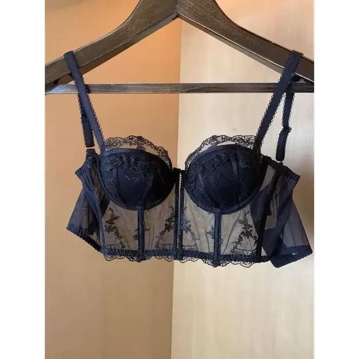 Soutien-gorge long en dentelle brodée demi-coupe style français rétro, ensemble lingerie sexy gainant galbant 32-38