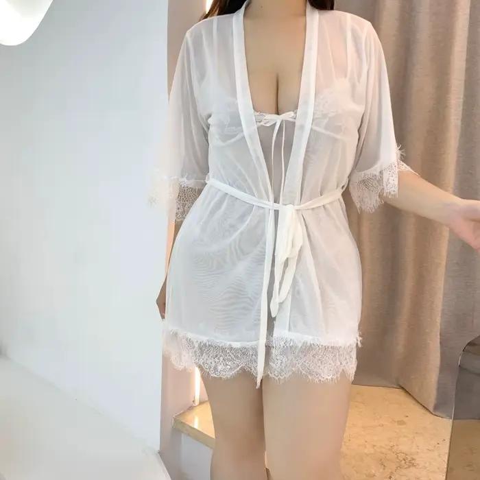 Ensemble de lingerie sexy en maille pour femmes rondes, nuisette grande taille avec robe assortie, tenue de nuit érotique pour chambre à coucher, lune de miel, rendez-vous galant