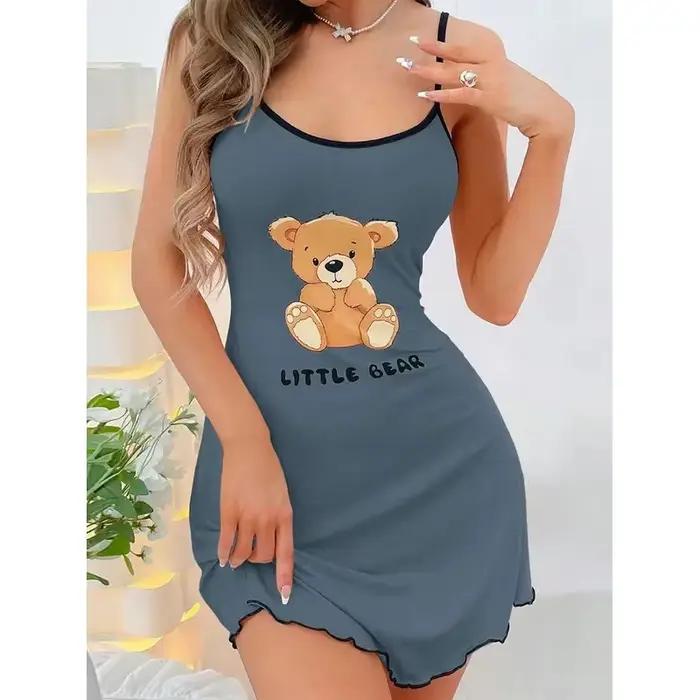 Robe d'été à bretelles pour femme, mini-robe de nuit confortable pour la maison, pyjama sexy imprimé petit ours