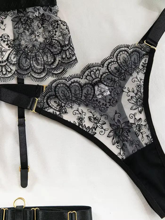 Ensemble de lingerie sculptante cinq pièces Belamimi 2026 pour femme, sexy, transparent, brodé, en dentelle à cils, collection érotique Onlyfan